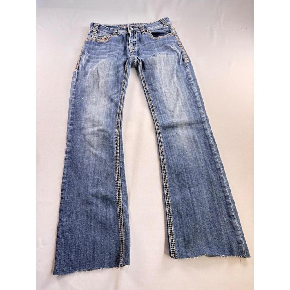 Rock and Roll Cowgirl Mid‎ Rise Bootcut Jeans Medium Wash Raw Hem 28x36